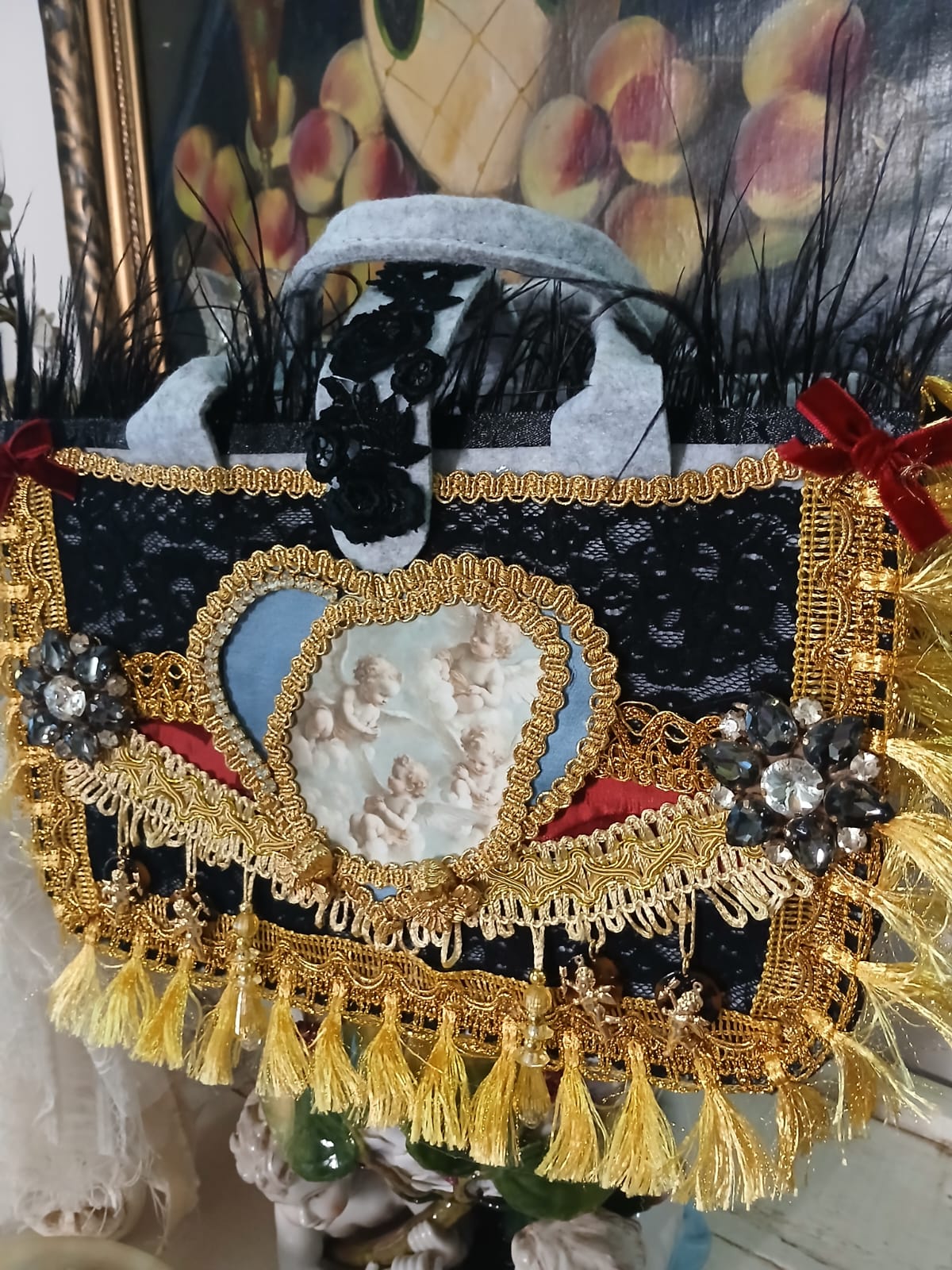 Borsa in Panno Lenci con Angeli e Dettagli Oro
